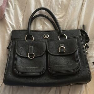 Black Leather Handbag with Dual Front Pockets